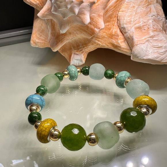 RARE TAIWAN JADE + SEA GLASS + BURMA JADE NATURAL STONES BRACELET size 7” - Picture 3 of 13